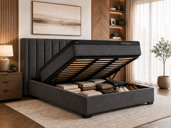 Gas Lift Storage Bed Frame and Mattress Bundle (Super King, King, Queen, Double) - Mayfair Charcoal Velvet Bundle
