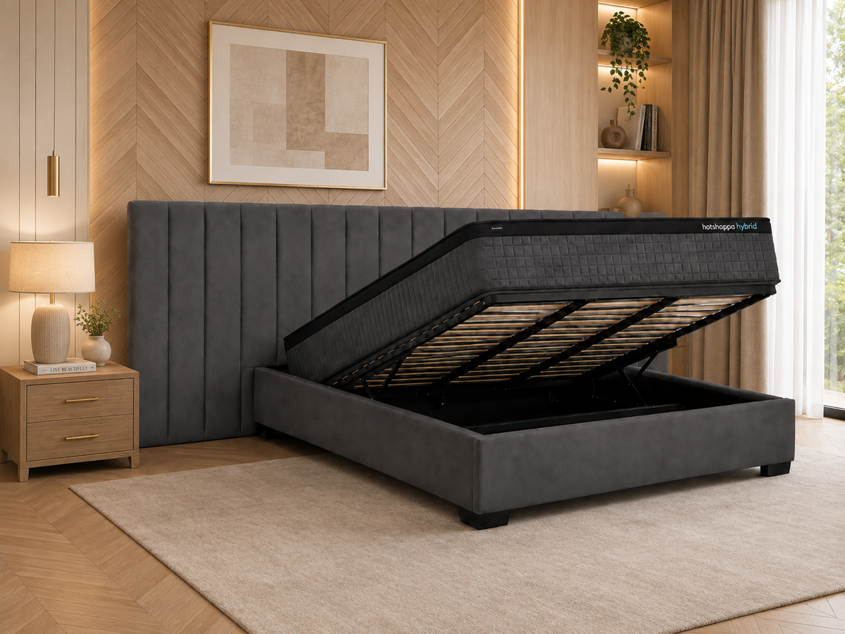 Gas Lift Storage Extended Bed Frame & Mattress Bundle (Super King, King, Queen, Double) - Mayfair Charcoal Velvet